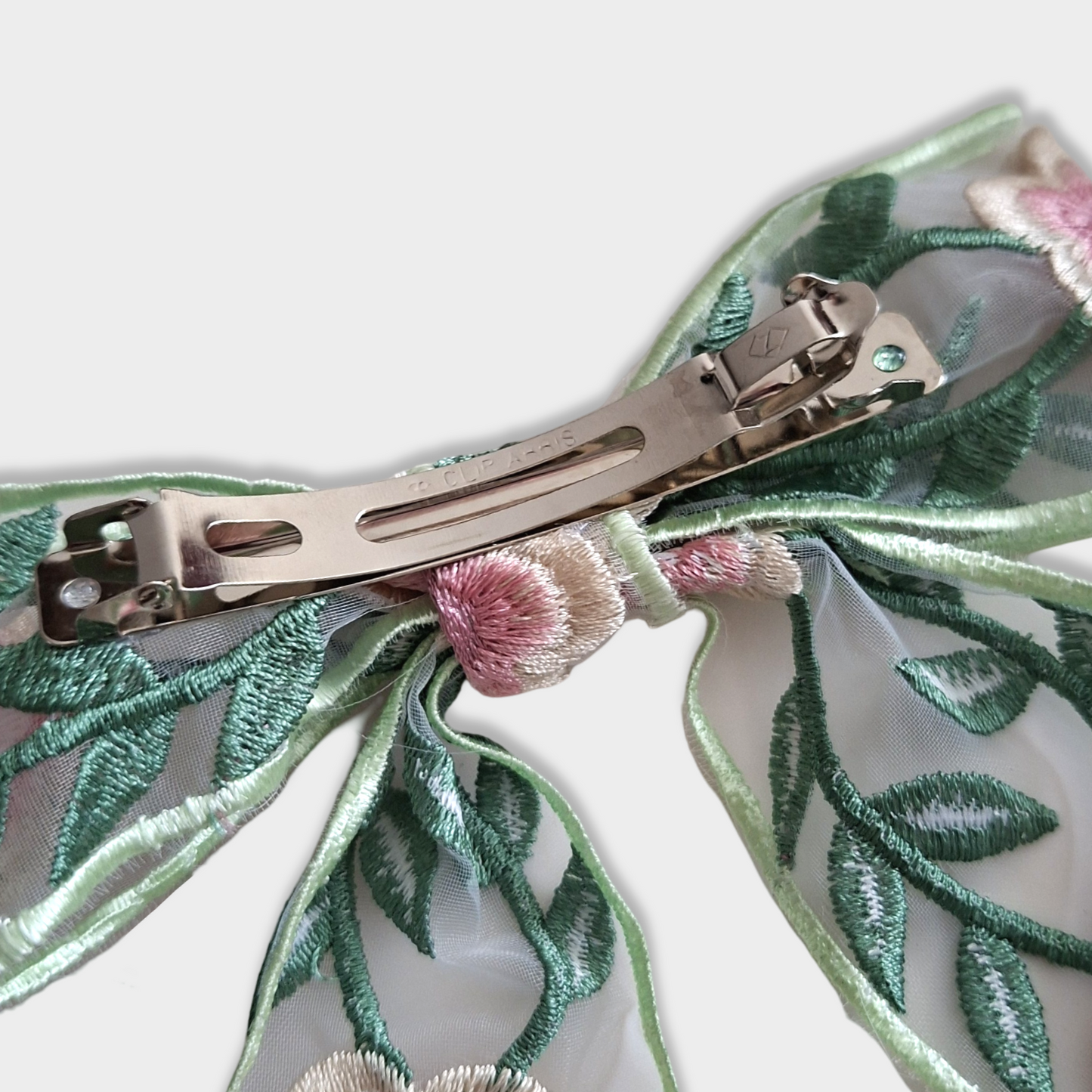 FLORAL EMBROIDERED ORGANZA BOW BARRETTE