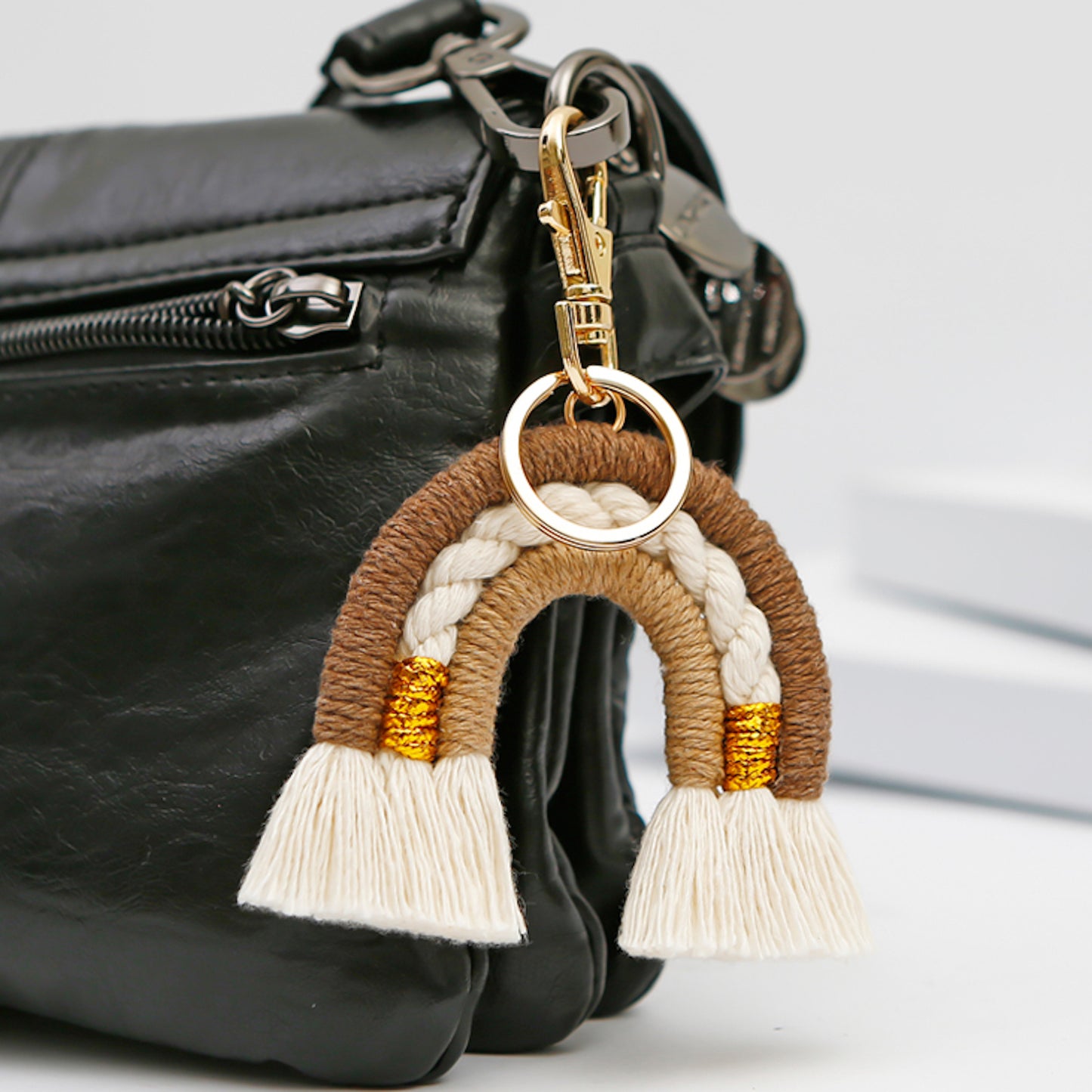 Macrame Colorful Rainbow Cotton Keyring Bag Charm - Brown