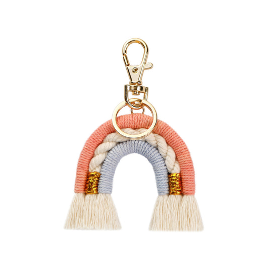 Macrame Colorful Rainbow Cotton Keyring Bag Charm - Pink