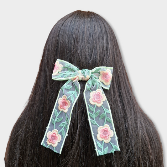 FLORAL EMBROIDERED ORGANZA BOW BARRETTE