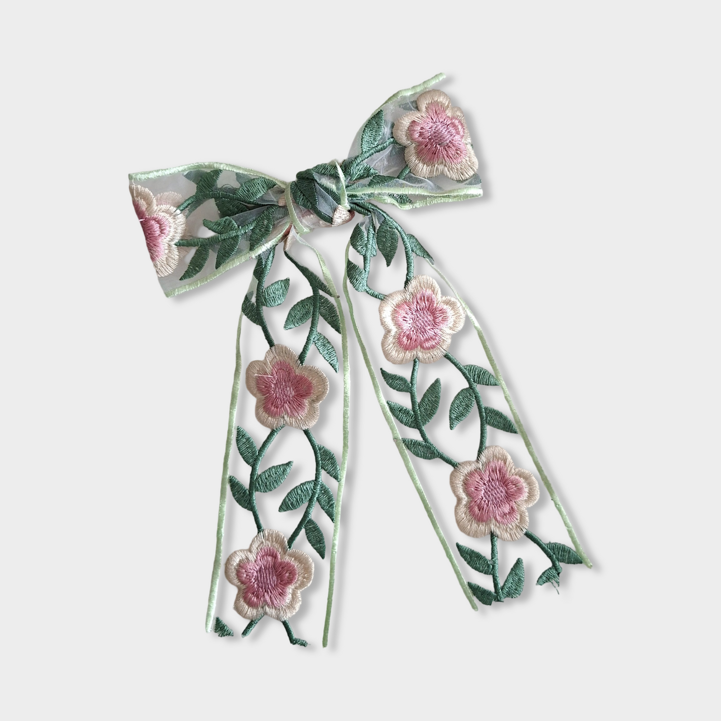 FLORAL EMBROIDERED ORGANZA BOW BARRETTE