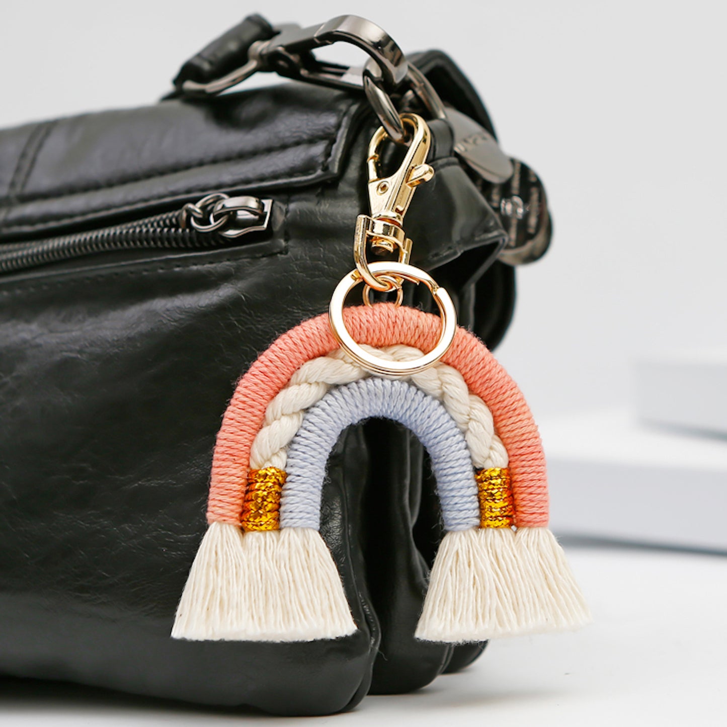 Macrame Colorful Rainbow Cotton Keyring Bag Charm - Pink