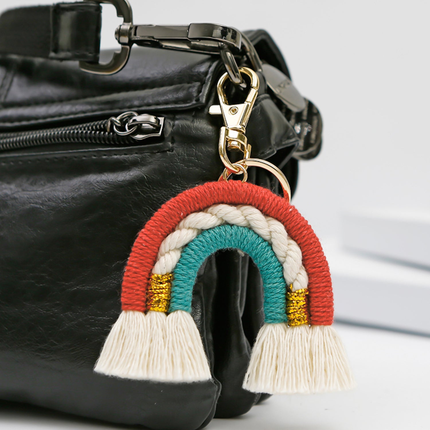 Macrame Colorful Rainbow Cotton Keyring Bag Charm - Red